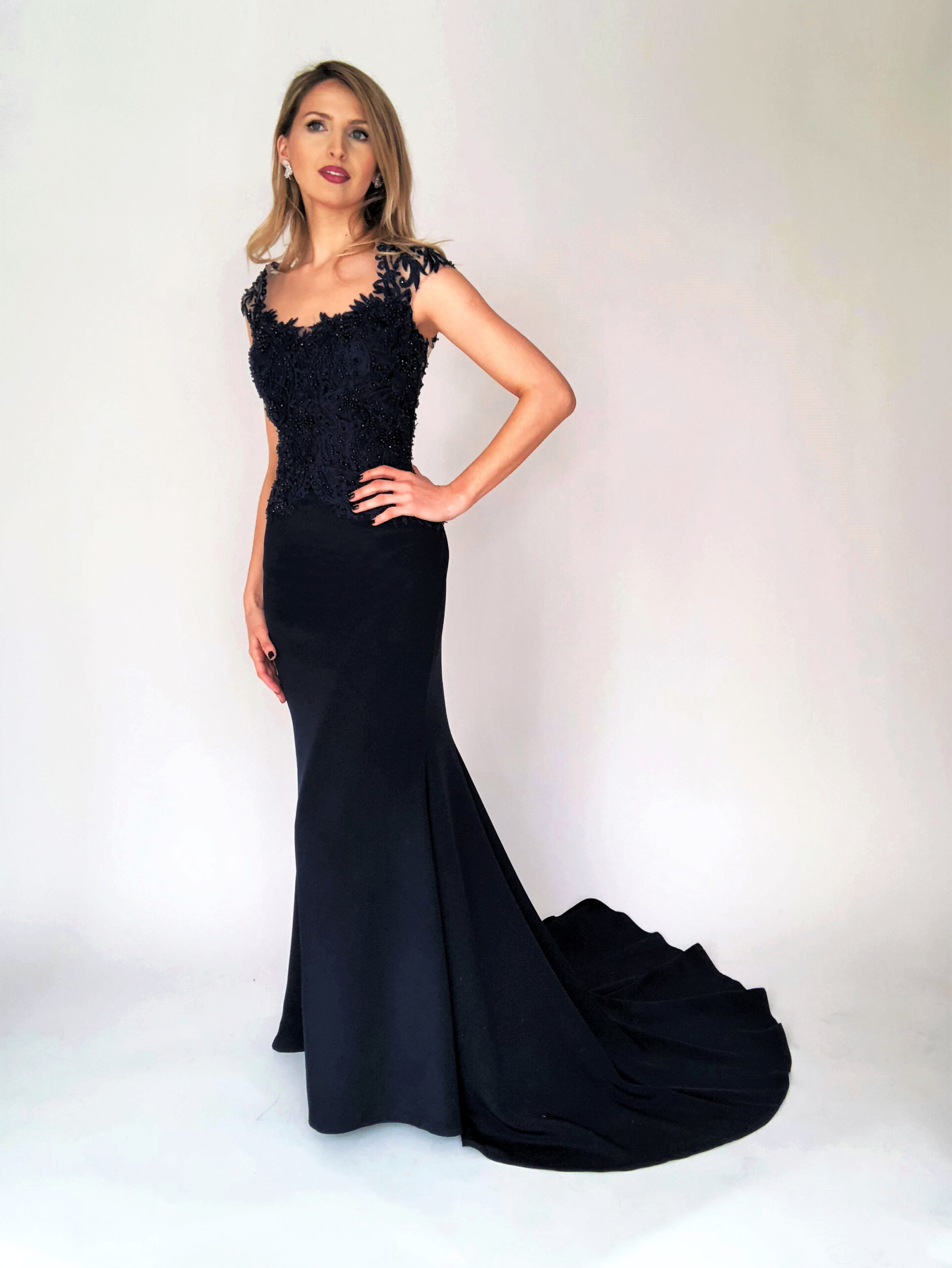 Mira Couture Navy Beaded Top Crepe Skirt