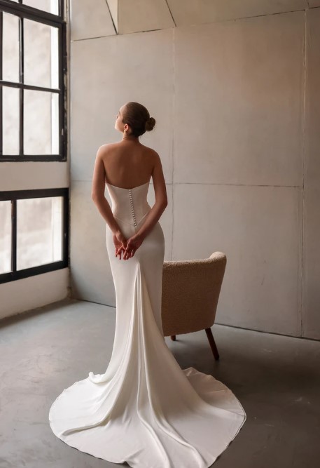 A bride shows the back of the Tommy by Neta Dover wedding dress with a fitted corset bodice and fabric-covered buttons on the back. The bridal gown features a full-length skirt with a side slit and is available in Chicago