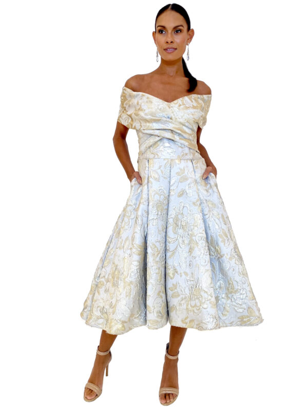 Tea Length Off-Shoulder Floral Dress by Mira Couture